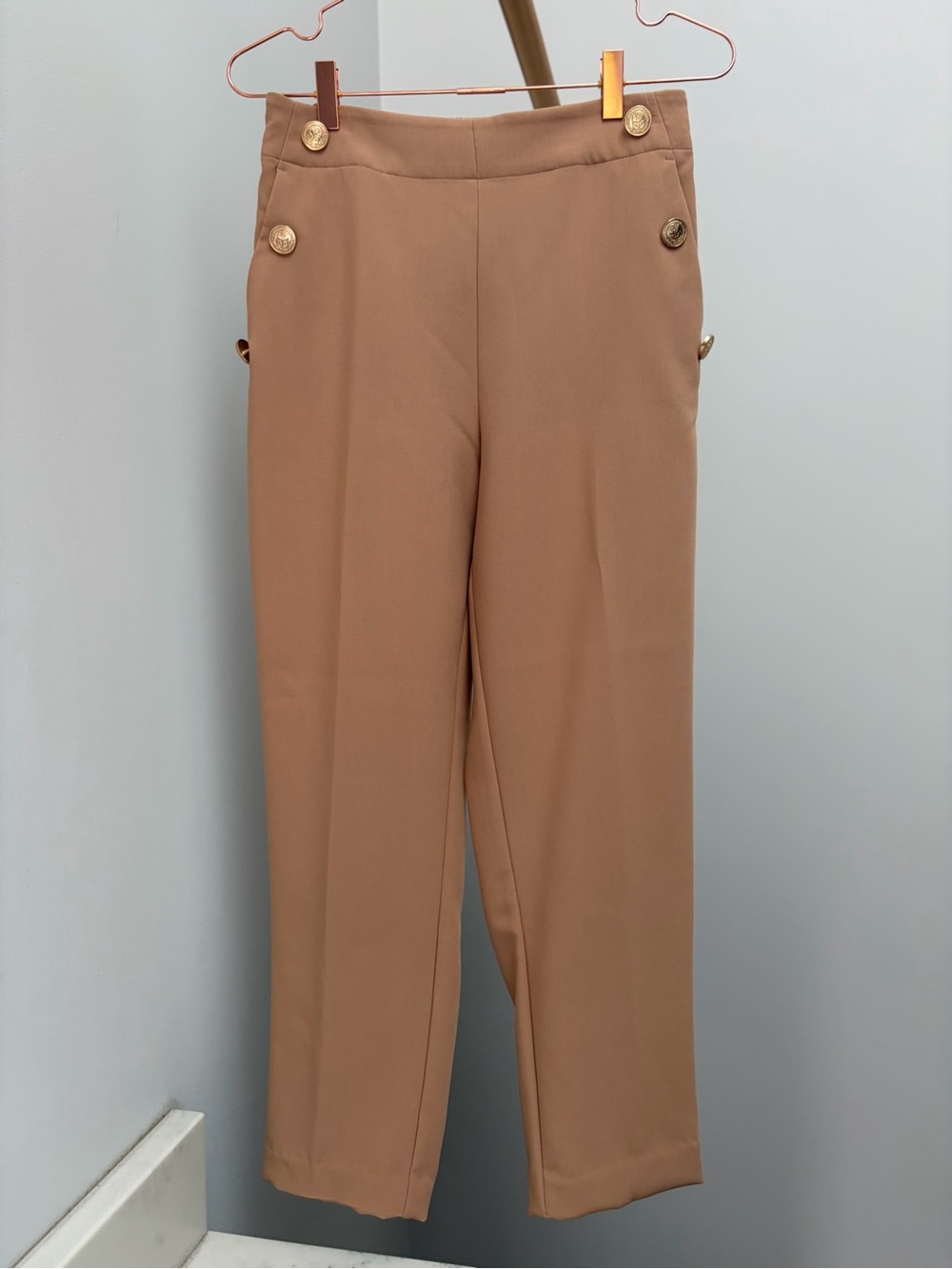 Zara High-Rise Tan Wide-Leg Pants with Gold Button Detail